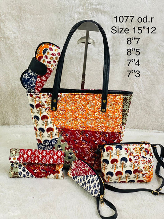 Orange & Multi Coloured Pure Cotton Printed Women Hand Bang- 5 PCS Combo( Tote Bag, Sling Bag, Envelop Purse, Key Pouch & Sunglass Cover)!!