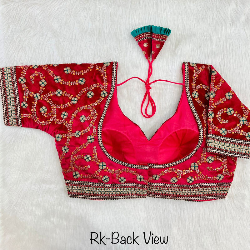 Red Coloured Pure Soft Velvet With Tricot Fuising Bridal Wedding Ready Made Blouse!!