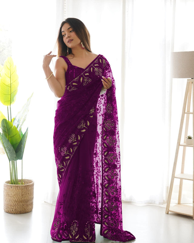 Purple Coloured Heavy Butterfly Net with Multi coloured Thread & Aari Embroidery Work Women Designer Party wear Fancy Net Saree with Blouse!!