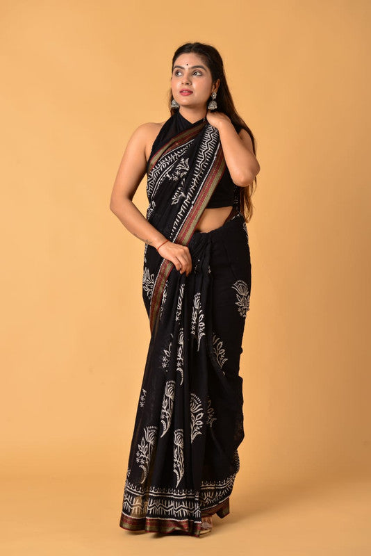 Black & Multi Coloured Pure Cotton with Beautiful Hand Block Printed Women Party/Daily wear Designer Cotton Saree with Blouse!!