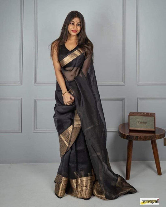 Black & Gold Coloured Pure Soft Oranza Silk with Antique Real Zari & Rich Pallu Women Party wear Oranza Silk Saree with Blouse!!