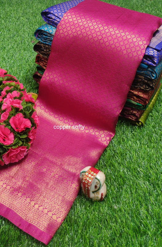 FABULOUS  SOFT SILK SAREE WITH COPPER JARI N CONTRAST BORDER N RICH GRAND PALLU