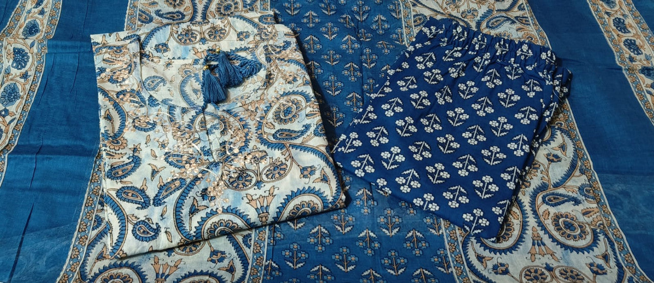 Blue Heavy Aari Tari Hand & Pittan work Printed Party wear Kurti with Pant & Malmal Dupatta with Gota lace work!!