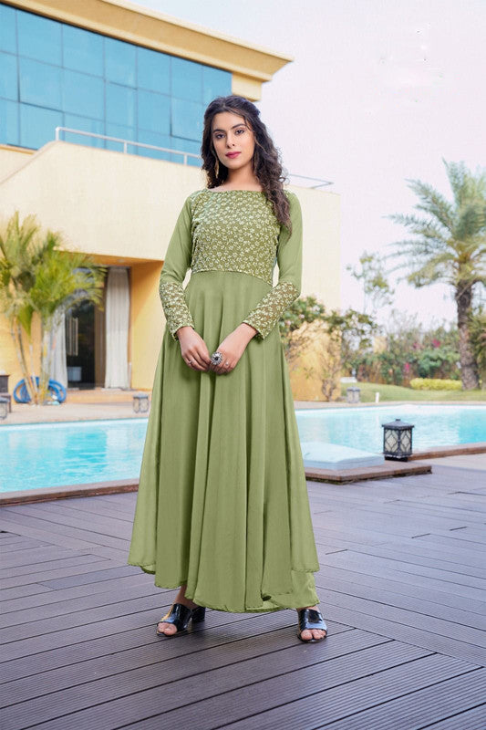Green Coloured Heavy Georgette With Schiffli Work Designer Party wear Long Full Flair Gown Kurti with Long Sleeves!!