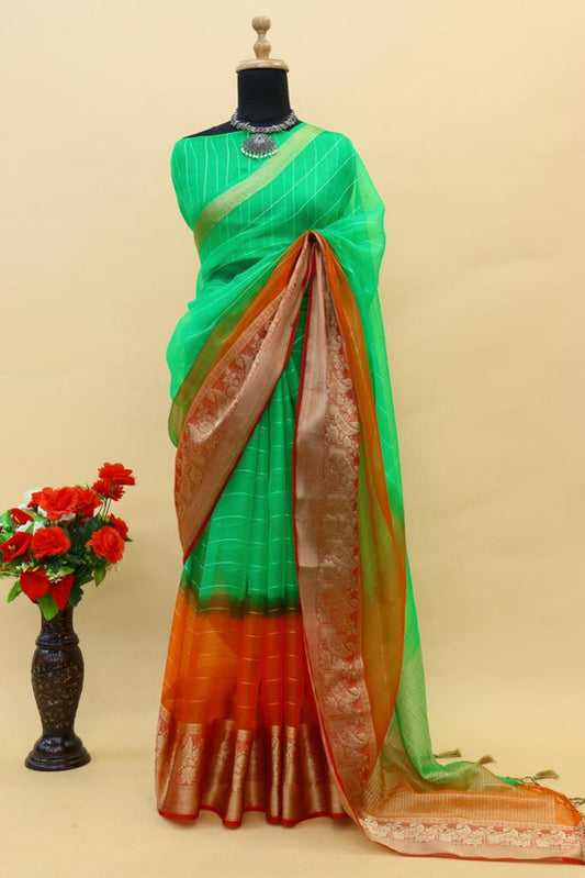 Green & Orange Coloured Soft pure Kora Khadi Organza Silk Jacquard weaving border with chit pallu Women Party wear Silk Saree with Blouse!!