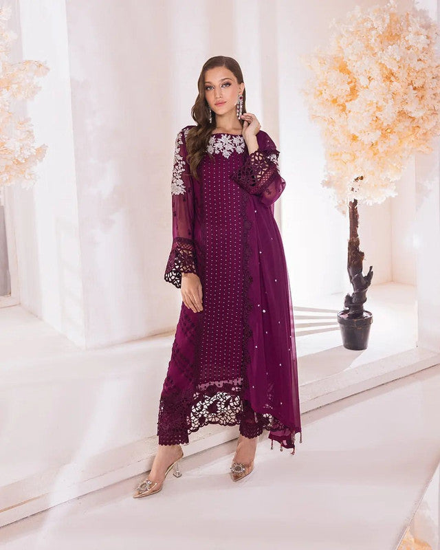 Wine Coloured Georgette with Sequence Embroidery Work Women Designer Party wear Fully Stitched Suit with Pant & Dupatta!!