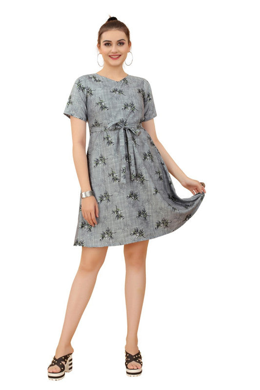 Grey & Multi Coloured Premium Crepe Printed Short Sleeves Round Neck Women Daily wear Western Dress!!