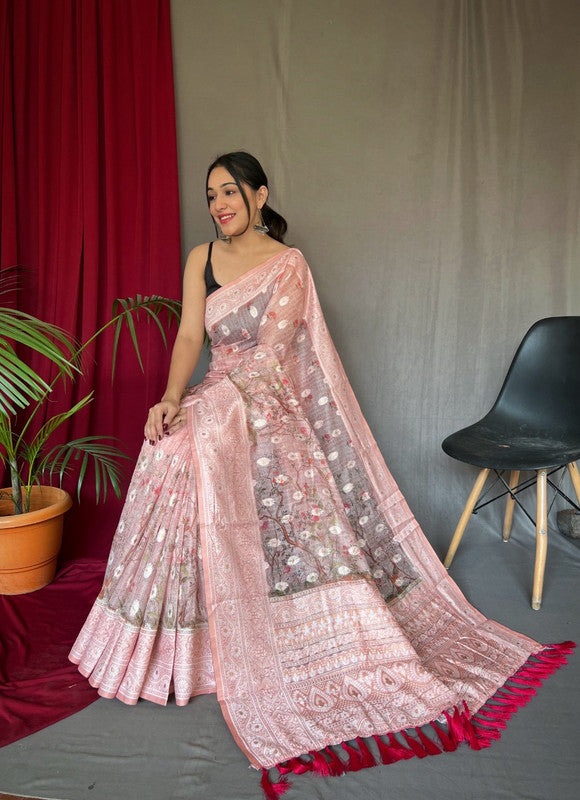 Pink Coloured Pure Cotton Linen Saree with Orignal Chikankari Lucknowi work with rich Embrodieeded pallu  with Blouse!!