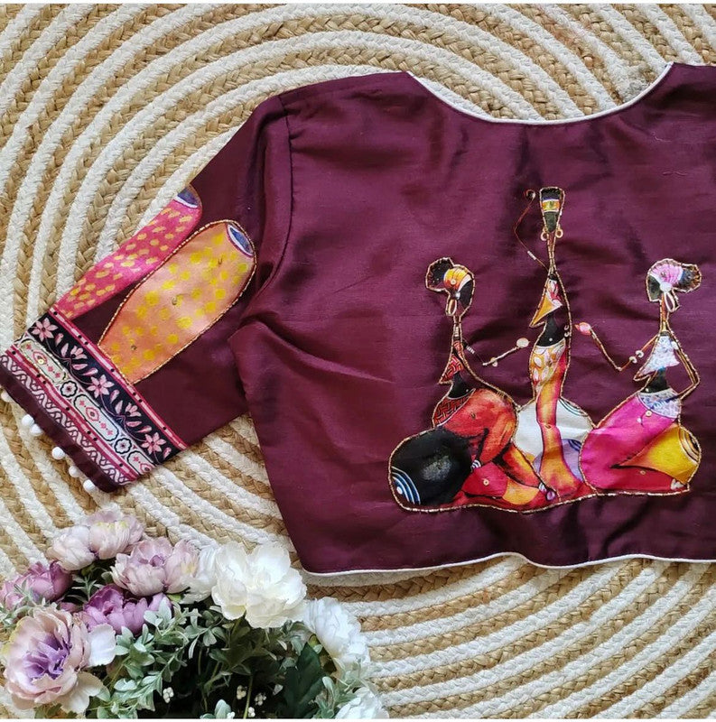 Wine & Multi Coloured Pure Silk with Digital Printed & Hand work Woman Ready made Designer Botique Style Navaratri Concept Blouse- Free Size Up to 42 Inch!!