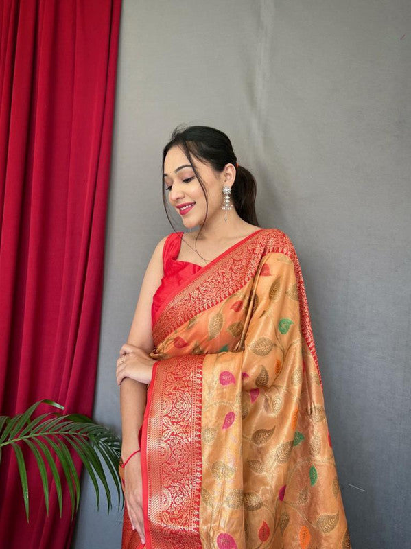 Orange & Multi Coloured Beautiful Meena Work with Elegant Jaal Women Party wear Pure Tissue Silk Saree with Blouse!!