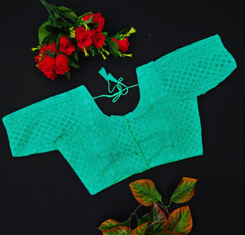 Rama Green Coloured Lucknowi Chickenkari Chifli & Sequence work Ready made Blouse!!