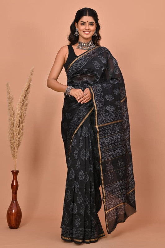 Black & Off White Coloured Hand Block Printed Women Designer Party wear Chanderi Cotton Silk Saree with Runnin Blouse!!