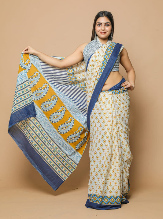 HAND PRINTED MUL COTTON SAREE