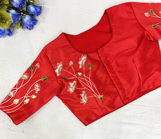 Red Ready made Blouse - Pure Silk Handmade work Blouse!!