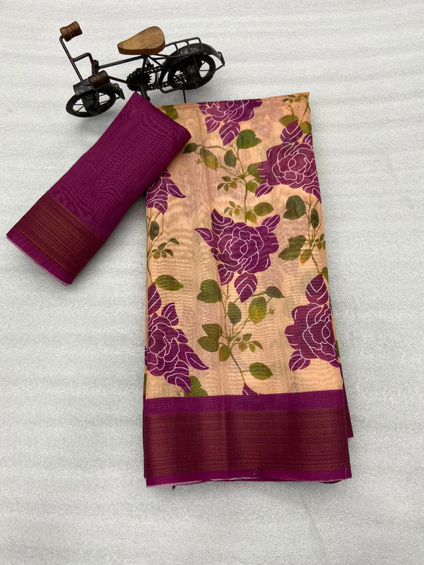 Green & Multi Coloured Tussar Cotton with Digital Print with weaving Chit (lining) Pallu Women Designer Party /Daily wear Saree with Blouse!!