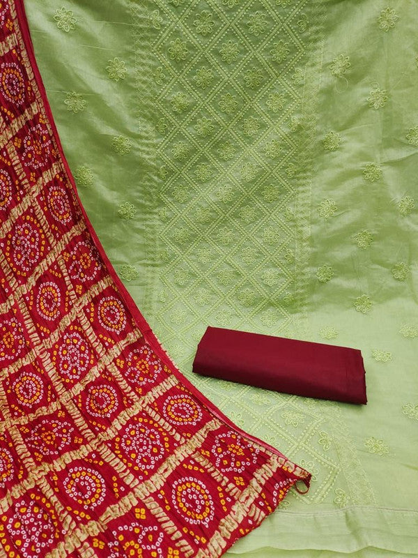 Green Coloured Designer Chikankari Bhandhini Dress Material Suit!!