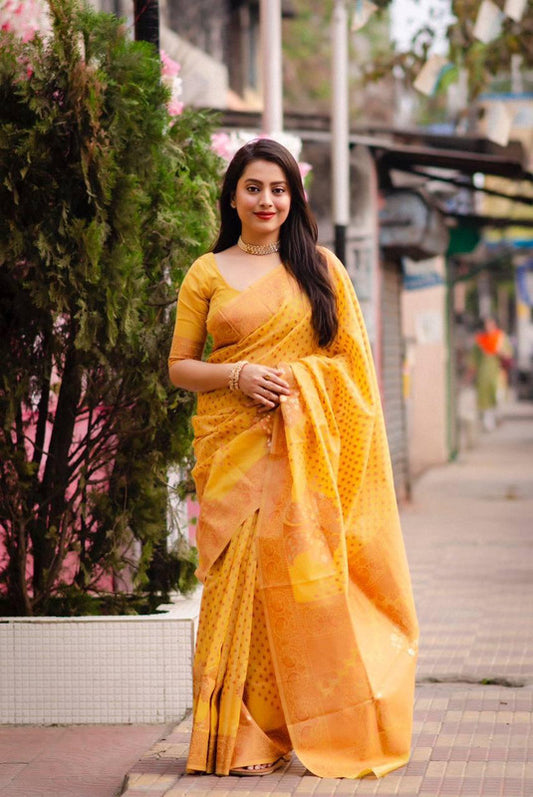 Yellow Coloured Soft Cotton with Copper Zari woven Design Women Designer Party/Daily wear Full length Saree with Blouse!!