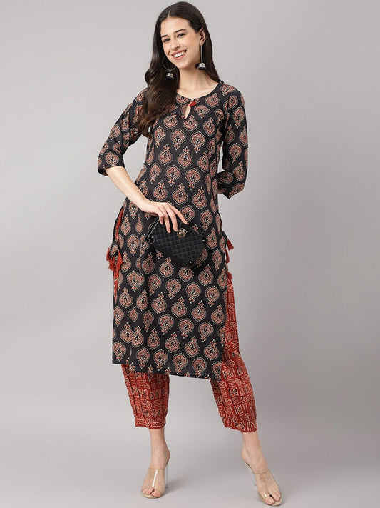Black & Maroon Coloured Pure Cotton Ethnic Motif Floral Printed Straight Shape Women Designer Party/Daily wear Kurti with Salwar!!