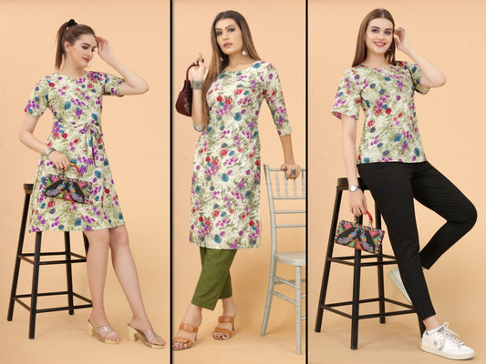 Green & Multi Coloured Premium Crepe Printed Women Daily wear Kurti, Western Top & Western Dress Combo ( 3 Pcs )!!