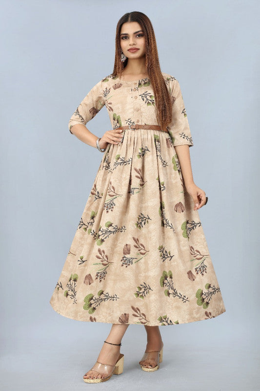 Beige Coloured Premium Crepe Printed Gown with Belt!!