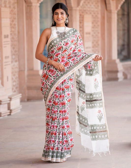 CHANDERI BLOCK PRINTED COTTON SAREE