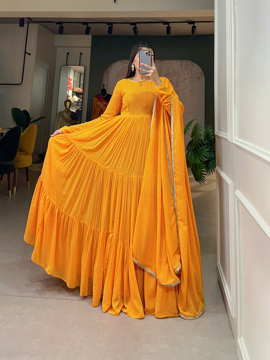 Mustard Yellow Coloured premium Georgette with Beautiful Print Women Designer Party/Casual wear Ready to wear Gown Kurta & Dupatta!!