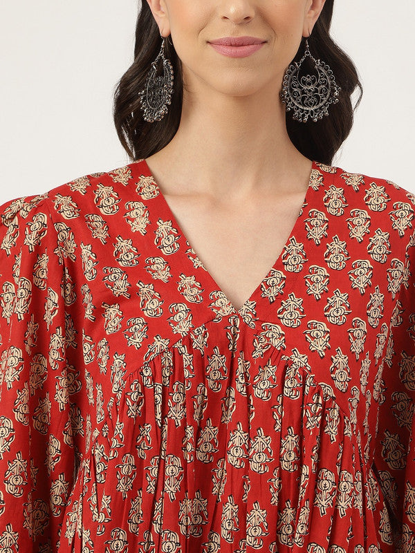 Red & Beige Coloured Pure Cotton Floral Printed  Puff Sleeves V Neck Women Party/Daily wear Western Longline Top!!