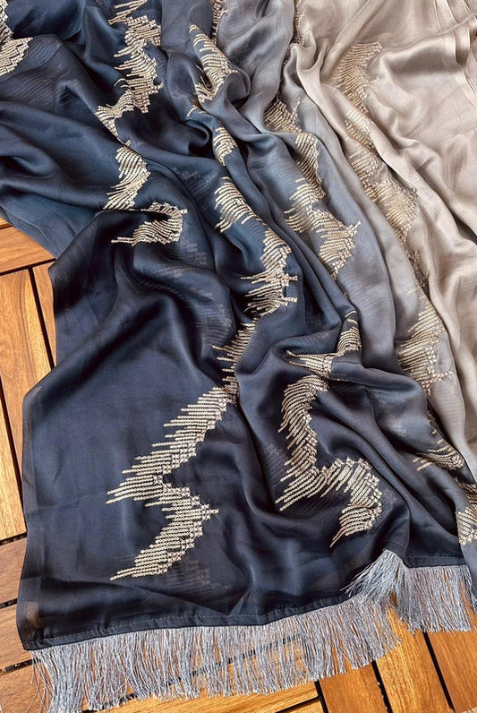 Dark Grey & Cream Coloured Padding Silk with Glitter Two Tone Sequence Embroidery work Women Festival/Party wear Designer Silk Saree with Blouse!!