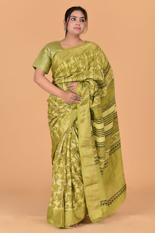 Mehendi Green & Multi Coloured Azarakh Hand Block Printed Silk border Women Designer Party wear Cotton Silk Saree with Zari Blouse!!