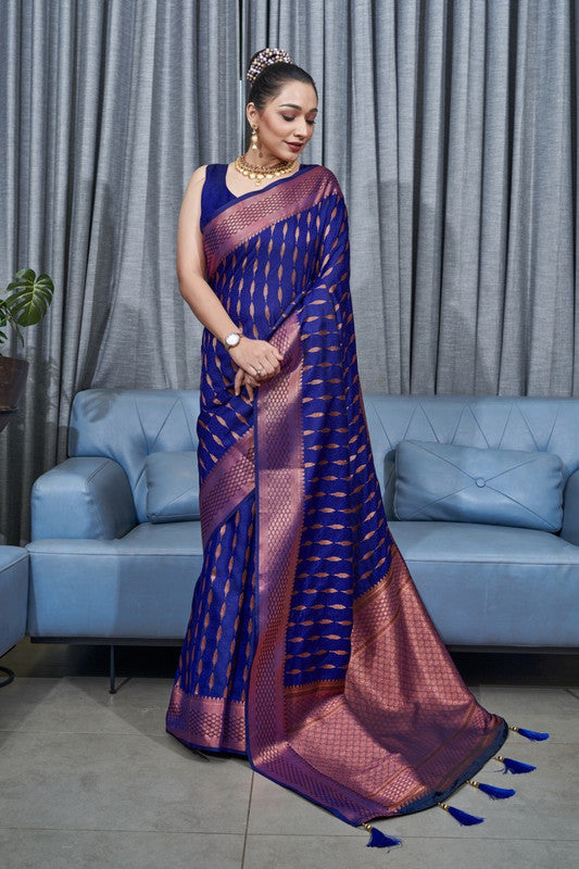 Blue & Pink Coloured Soft Silk Jacquard Weaving Design Rich pallu with Elegant Copper Zari Women Designer Party wear Saree with Blouse!!