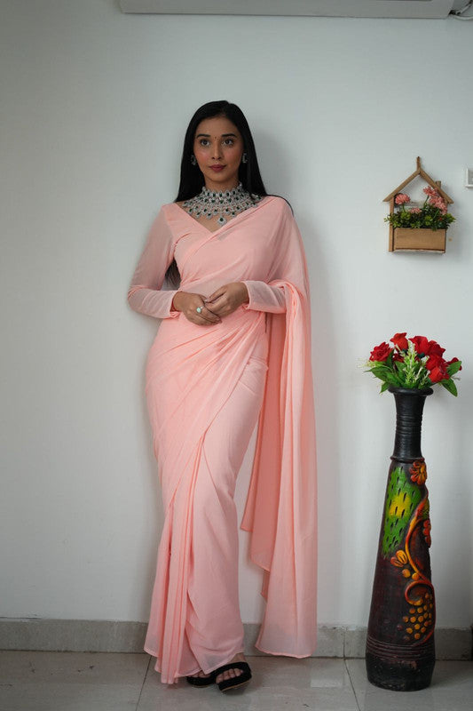 Light Pink Coloured Premium Georgette Solid Print Women Designer Party wear Beautiful Ready to Wear Saree with Blouse!!