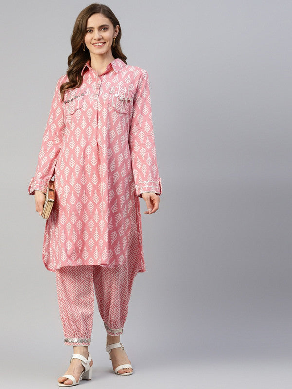 Pink Coloured Ethnic Motifs Printed Shirt collar long Sleeves Straight shape Women Designer Party wear Pure Cotton Kurti with Harem Pant!!