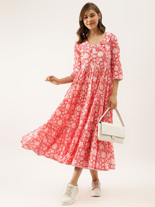 Red & White Coloured Pure Cotton Flower Print V-Neck Three-quarter Sleeves Women Party/Daily wear Western Maxi Dress!!