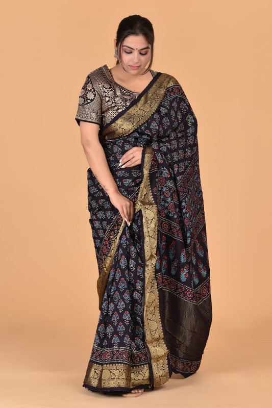 Black & Multi Coloured Hand Block Printed Silk border Chit Pallu Women Designer Party wear Cotton Silk Saree with Zari Blouse!!