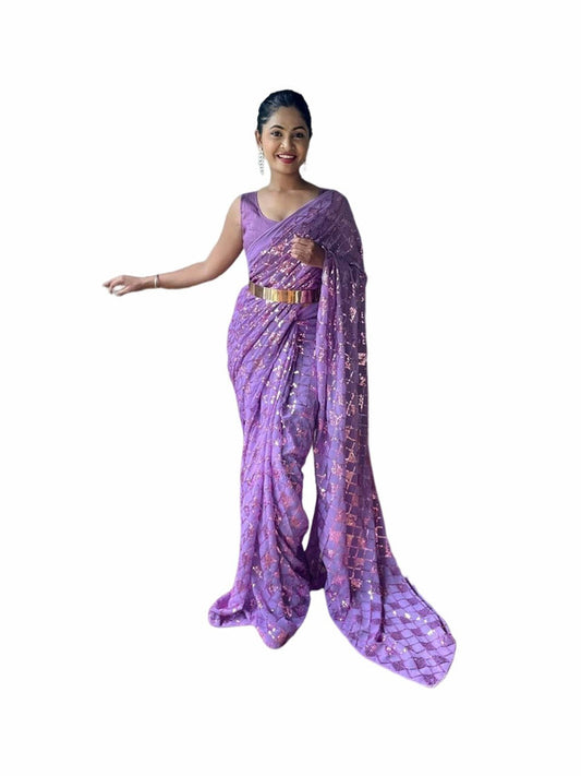 Purple Coloured Premium Georgette with Sequence work lace Border with Piping Women Party wear Fancy Ready to wear Saree with Blouse!!