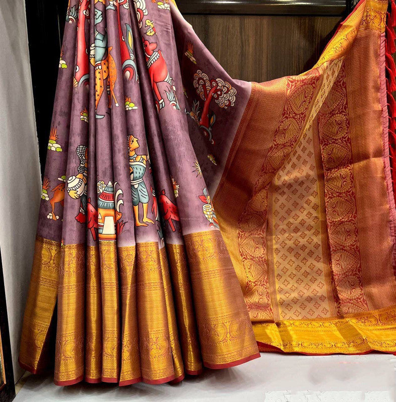 Lavender Coloured Kanjivaram Silk Zari weaving with Kalamkari Digital print & Rich Pallu Women Party wear Designer Silk Saree with Blouse!!