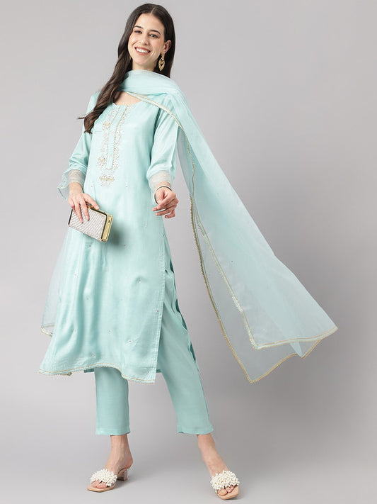 Sea Green Coloured Premium Silk Floral embroidered Gotta patti Straight Shape Round neck 3/4Sleeves Women Designer Party/Daily wear Kurti with Bottom & Organza Dupatta!!