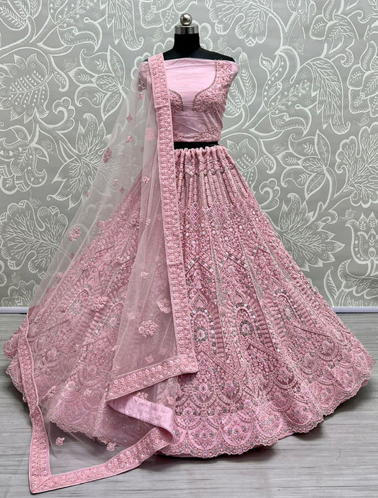 Pink Coloured Premium Net with Dori Zircon Diamond Sequins work Woman Wedding Designer Party wear  Lehenga Choli & Dupatta!!