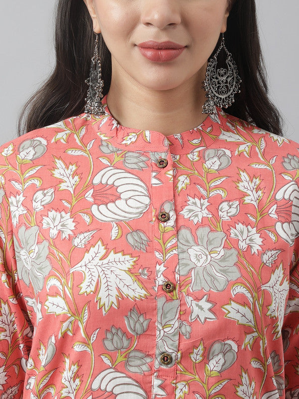 Pink & White Coloured Floral Printed Mandarin collar Roll-up Sleeves Women Designer Party/Daily wear Cotton Straight Shape Kurti!!