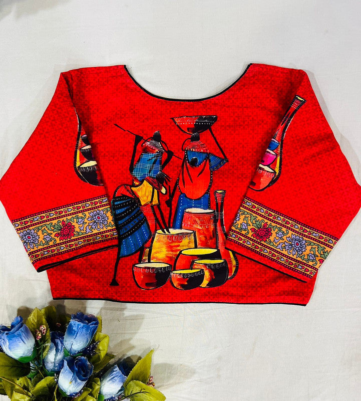 Red Coloured Pure Cotton with Traditional Print Woman Ready made Designer Botique Style Blouse- Free Size Up to 42 Inch!!