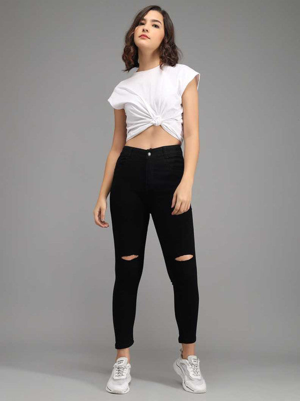 Black Coloured Premium Denim Lycra with Stretchable Ankle Length Slim Knee Cut Women Casual/Party wear Knee Cut Jeans!!