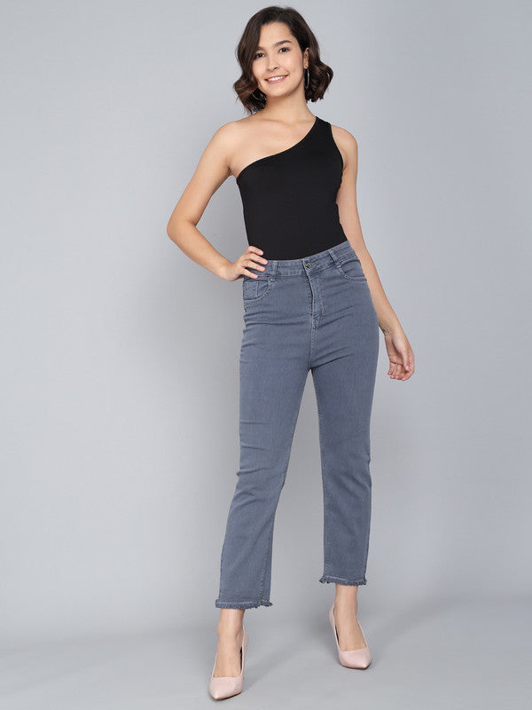 Grey Coloured Premium Denim Lycra with Fray Hem Stretchable Full Length Women Casual/Party wear Straight Fit Jeans!!