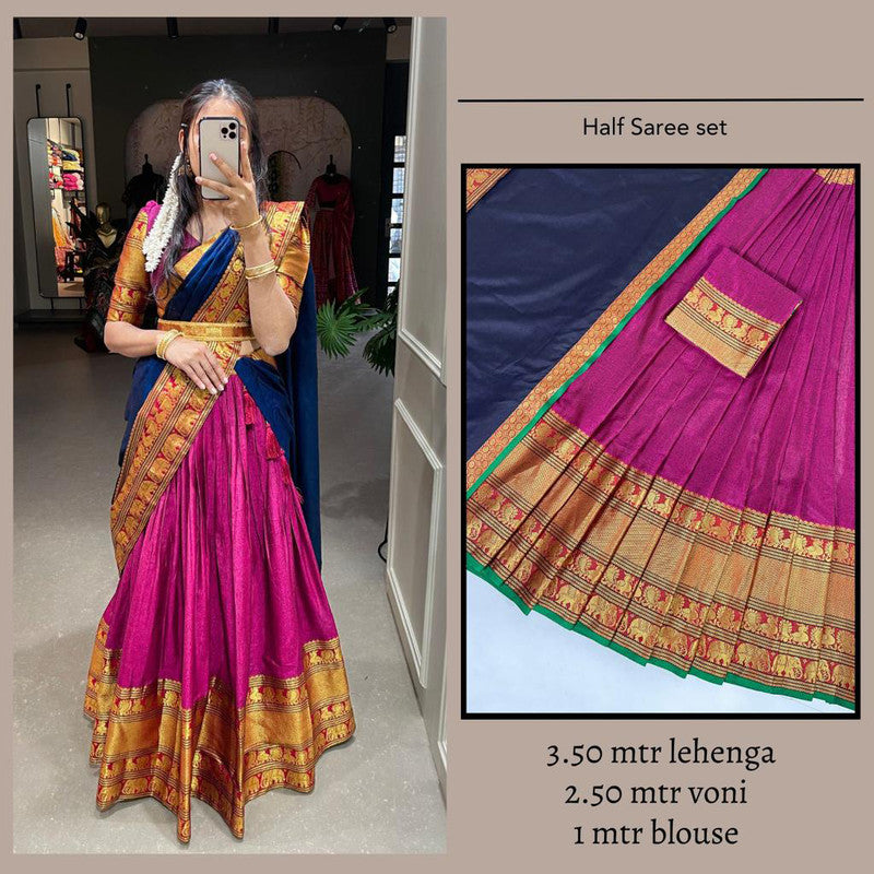 Dark Pink & Multi Coloured Premium Cotton Silk with Zari Weaving Work Woman Designer Party wear Half Saree Set!!