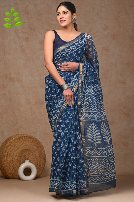 Blue & Multi Coloured Kota Doriya Cotton Beautiful Hand Block printed Women Daily/Party wear Saree with Blouse!!