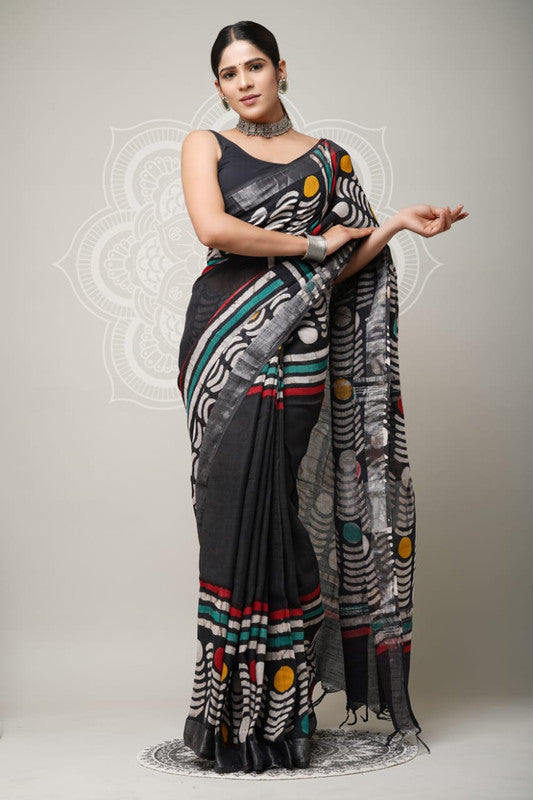 Dark Grey & Multi Coloured Linen Cotton Beautiful Hand Block printed Women Daily/Party wear Saree with Blouse!!