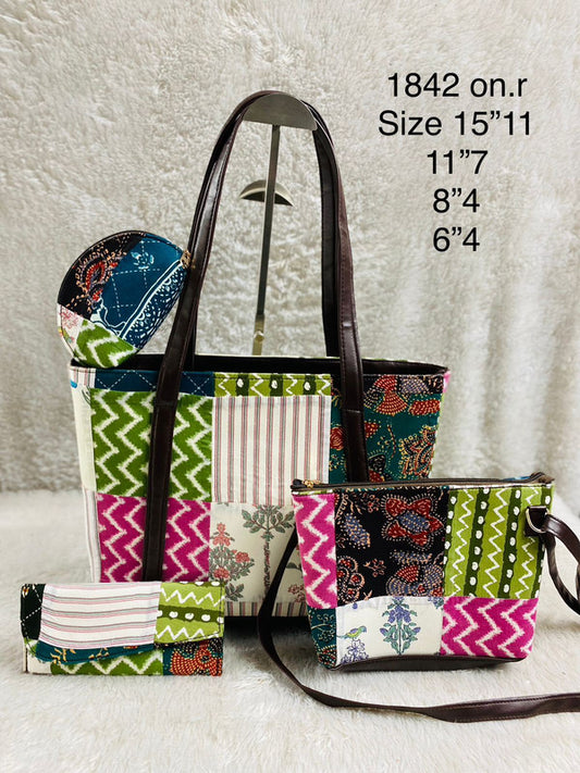 Parrot Green & Multi Coloured Pure Cotton Printed Women Hand Bang- 4 PCS Combo( Tote Bag, Sling Bag, Envelop Purse & Key Pouch)!!