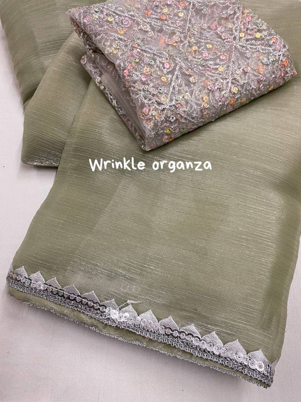 Cream Coloured soft organza with woven wrinkle (crush style) Women Designer Party wear Fancy Saree with Soft Net Blouse!!