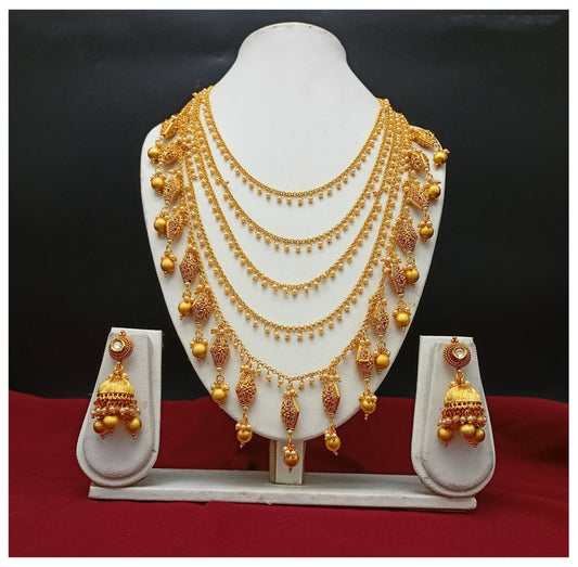 Gold Coloured Beautiful Pure Copper Rajwadi & Pearls Women Designer Gold Plating Long Necklace Set with Jhumka Earrings!!