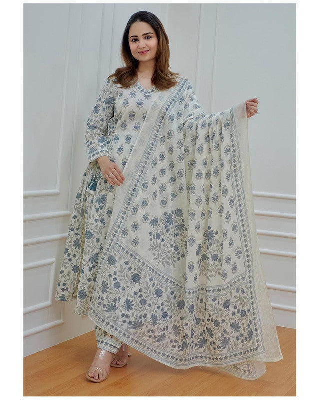 White & Grey Coloured Soft Rayon Floral Print with Finest Embroidery V Neck Full Sleeves Women Designer Party/Daily wear Afghani Suit set- Top with Bottom & Dupatta!!