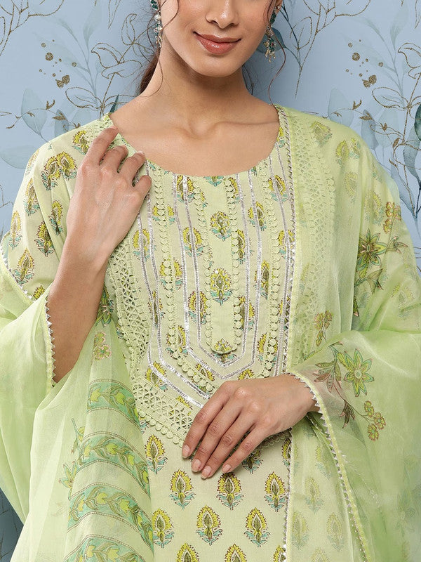 Pista Green Cotton Floral Printed Gotta Patti Straight shape Kurti with Trousers & Dupatta!!